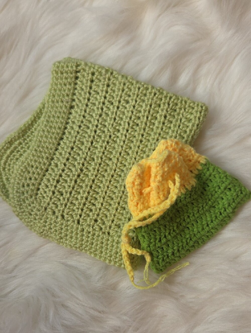 Light Green Crochet Mini Baby Doll Blanket with Yellow-Green Purse. Handmade.